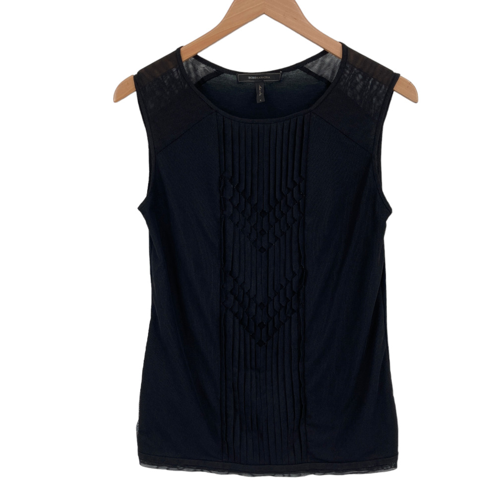 BCBGMAXAZRIA Tank Top Womens Small Black Sleeveless Round Neck Pleated Pullover